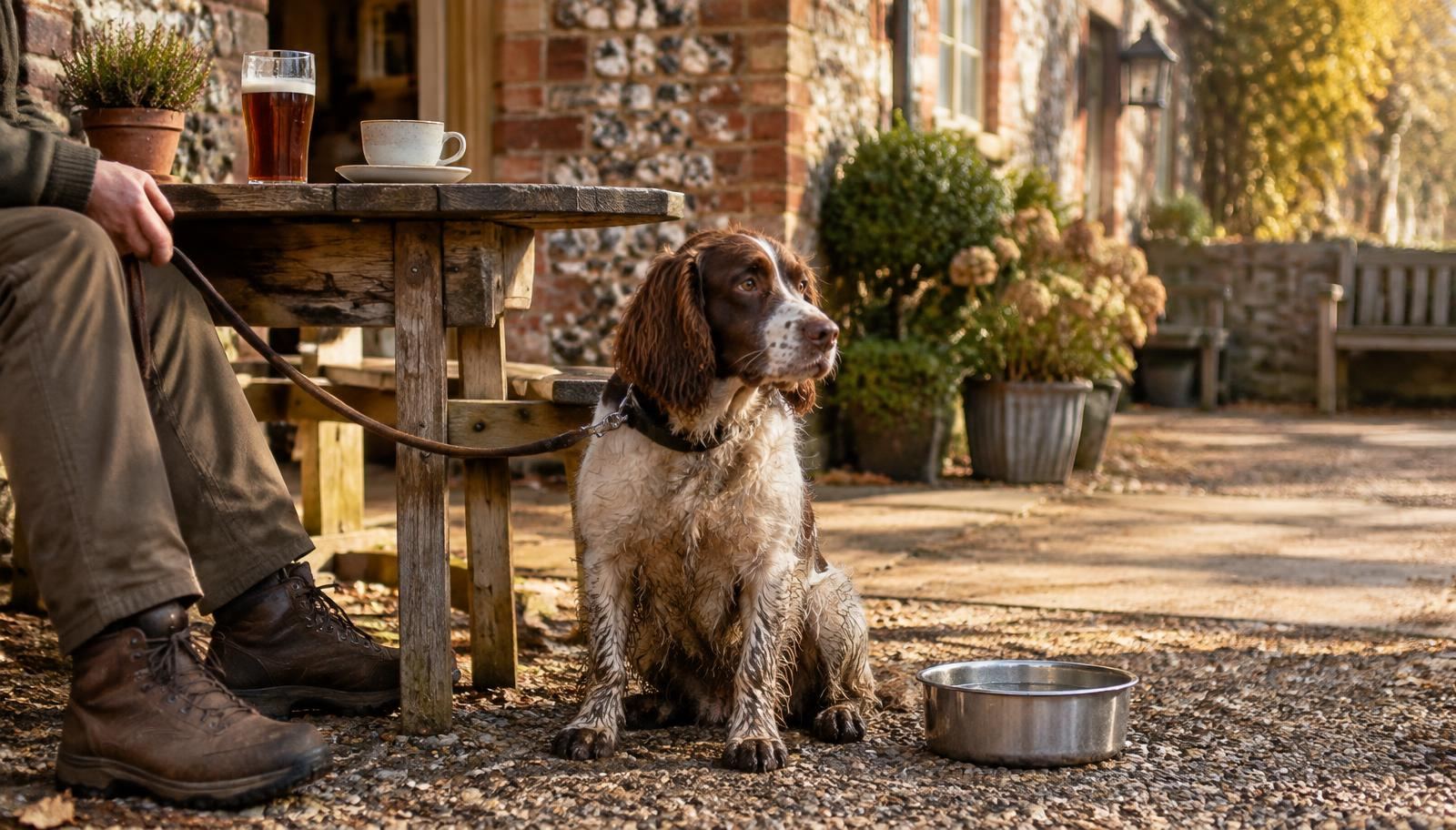 A spaniel on a lead waiting beside a table in a brick-and-flint pub courtyard, with a water bowl