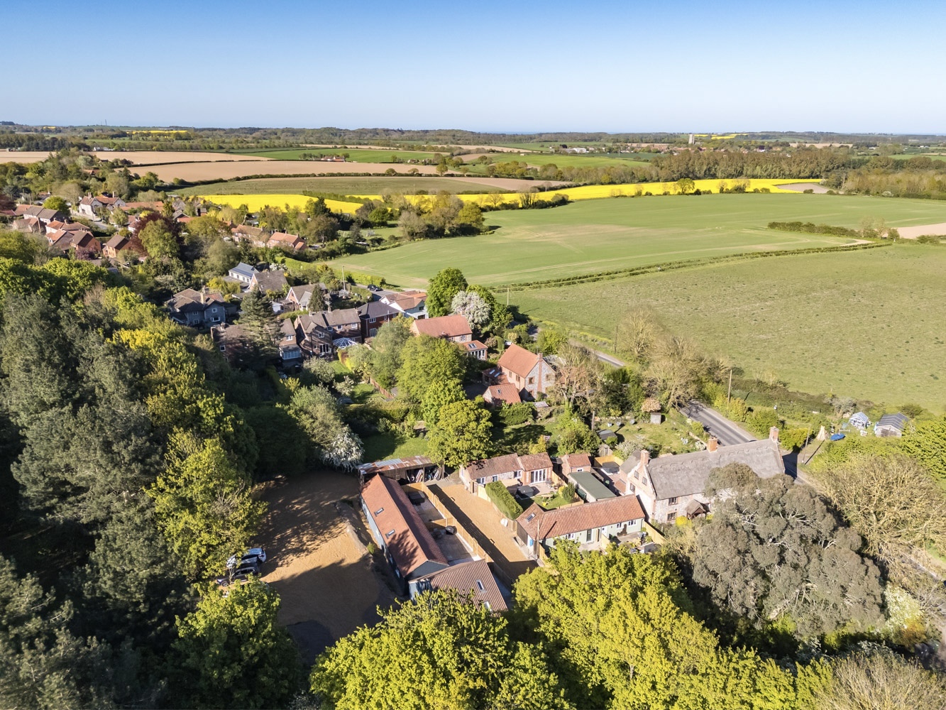 Aerial view of Thorpewood Retreats in the North Norfolk countryside